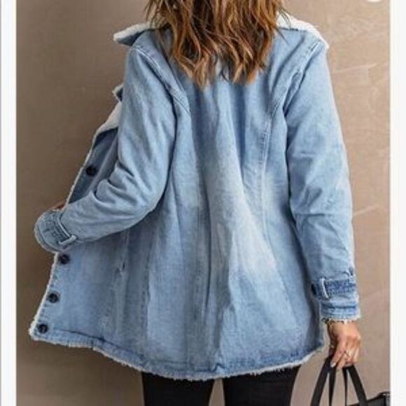 NEW Denim Fur Lined Lapel Coat - Picture 3 of 11